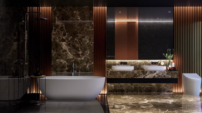 Animation of night time modern style luxury black bathroom with glossy marble stone 3d render illustration