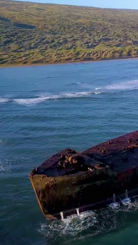 Beautiful aerial over the Kaiolohia shipwreck on the Hawaii island of Lanai.