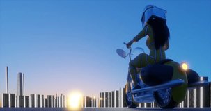 Woman motorcyclist wearing a yellow protective suit and helmet as transportation rides a motorcycle across a sunset road at dusk on a westbound highway follow shot camera movement 3D animation
