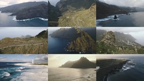 Diverse collection of drone videos on the Canary island of Tenerife. incredible mountain scenery on Spanish volcanic island of Tenerife. Canary Islands mountains aerial view from drone. Creative