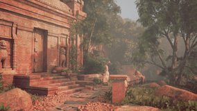 The warm light of dawn illuminates the overgrown ruins of an ancient temple, enveloped by the dense foliage of a serene jungle. - Powered by Shutterstock - Get 15% off with code: PIKWIZARD15