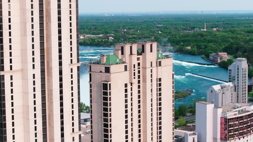 Aerial Forward Shot Of Hilton Niagara Falls Tower 2 In Residential City - Ontario, Canada