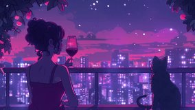 The girl is looking at the city at night with a cat. Lo-fi style. Continuous loop