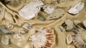 Imitation of the seabed. Oyster and scallop shells, sea pebbles on sand-colored fabric underwater. Ripples on the surface of clear water. - Powered by Shutterstock - Get 15% off with code: PIKWIZARD15