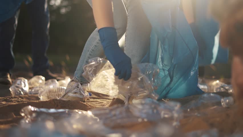 volunteers collect plastic in forest park. large team a group of people family collects plastic bottles in cellophane garbage bags. lifestyle volunteering environmental pollution business concept