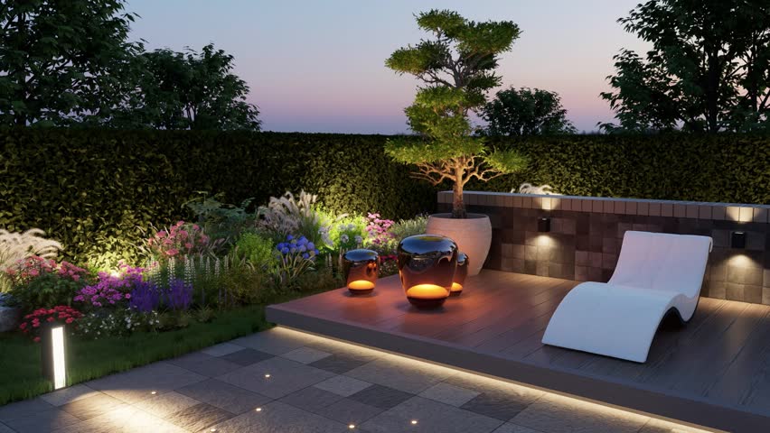3D render. Landscaping around the backyard pool with evening lights.