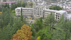 Aerial video of Tbilisi sanatorium in Tskaltubo Georgia during autumn season