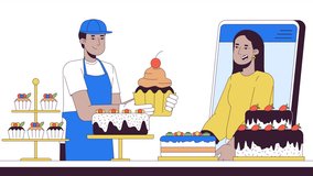 Online desserts ordering line 2D characters animation. Confectionery store mobile app flat color cartoon 4K video, alpha channel. Baker serving female customers animated people on white background