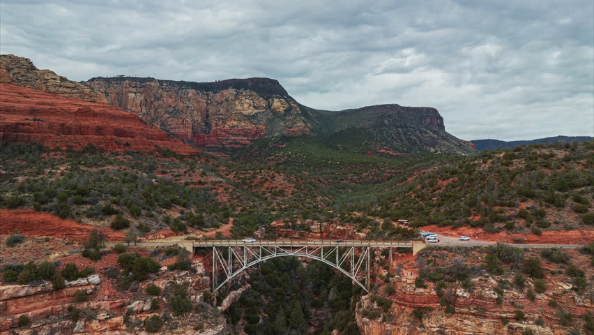 Drone Timelapse Midgley Bridge In The North Of Sedona, Arizona In Oak Creek Canyon, USA. 