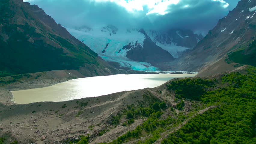 The Laguna Torre lake background Cerro Torre Mount in Los Glaciares National Park, El Chalten, Patagonia, Argentina. Aerial view on Drone footages.