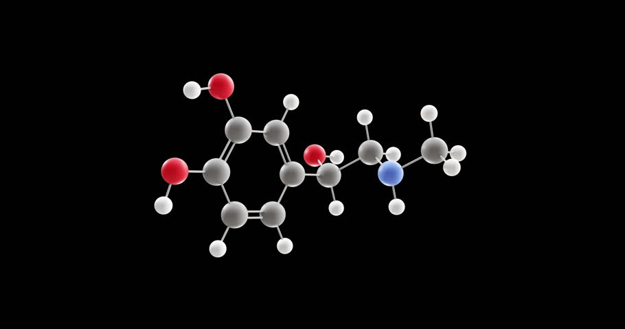 Epinephrine molecule, rotating 3D model of adrenaline, looped video on a black background