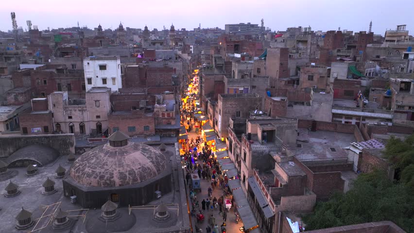 Walled City of Lahore. Evening Market near Delhi Gate, Aerial time lapse. Lahore, Punjab, Pakistan