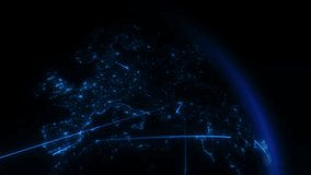 3D animated visualization of Earth showcasing dynamic network connections, data transfer, and global communication across Europe, illuminated by a radiant sunrise. - Powered by Shutterstock - Get 15% off with code: PIKWIZARD15