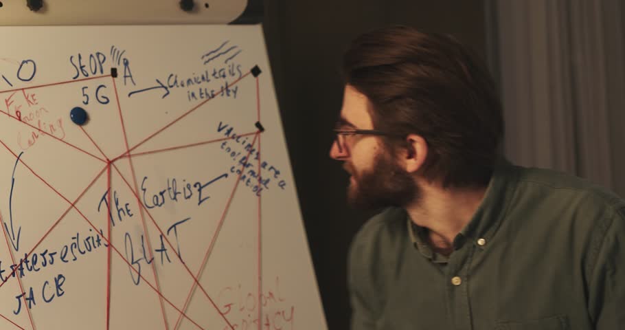 A man emotionally explains a conspiracy theory using a flipchart with a diagram.