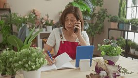 Mature woman florist taking order over phone in plant-filled flower shop, writing on notepad - Powered by Shutterstock - Get 15% off with code: PIKWIZARD15