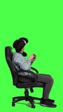 Profile Player enjoying cyberspace gaming competition with vr glasses on smartphone app, playing mobile video games with interactive virtual reality headset. Woman plays tournament, greenscreen