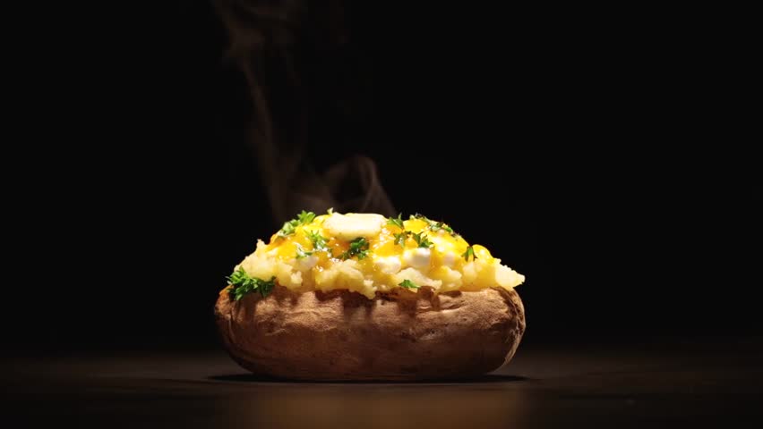 Cinemagraph - A hot loaded potato with steam garnished with parsley and butter against a black background  Royalty-Free Stock Footage #34679149