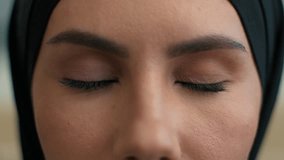 Close up macro extreme female eyes Muslim islamic woman in hijab Arabian islam religion girl eyes opening stare looking at camera good vision iris eyesight natural makeup dark eyelashes look mystery - Powered by Shutterstock - Get 15% off with code: PIKWIZARD15