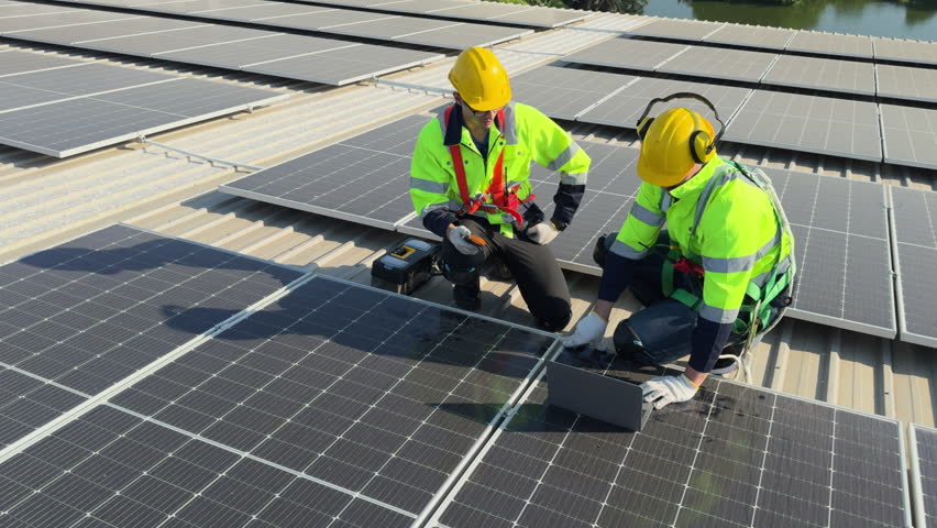 Professional electric engineers survey and inspect solar panels installation on the factory metal sheet roof top, electric engineer team inspecting and check solar cell system. Royalty-Free Stock Footage #3467999231