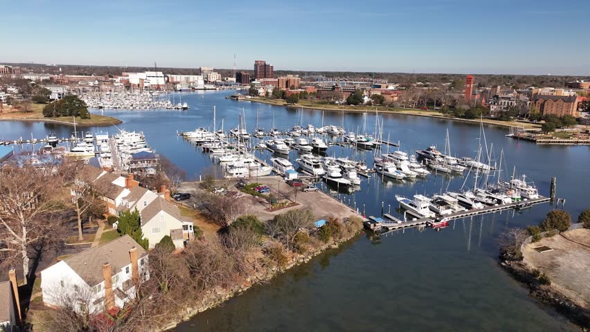 Drone shot taken flying across Hampton Creek in Hampton Virgina