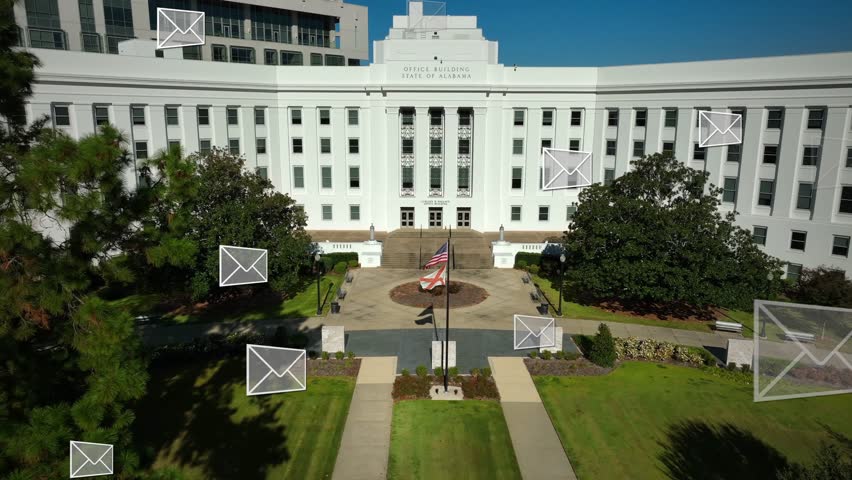Government building in Alabama with floating envelope animation. Aerial shot with American flag and AL state flag in downtown Montgomery.
