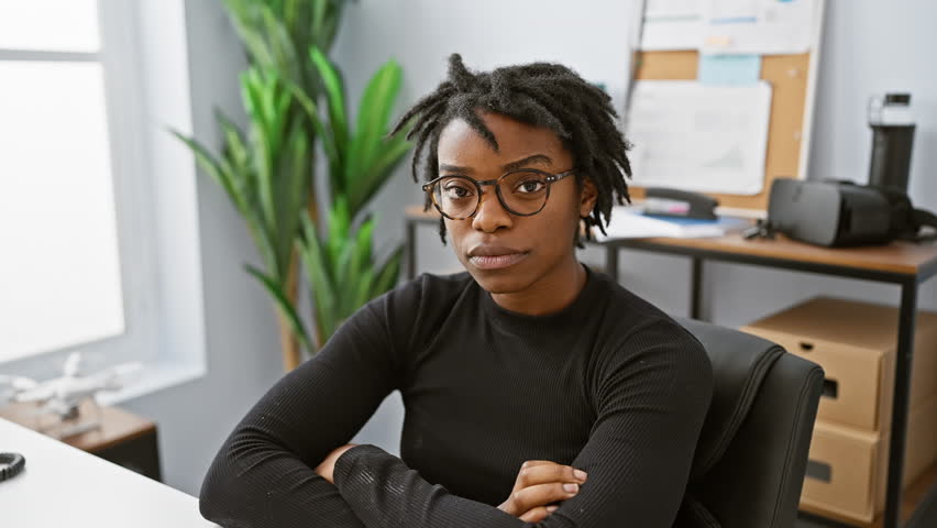 Young black woman with dreadlocks, a negative skeptic, works nervously on her laptop at the office, frowning and upset over a problem Royalty-Free Stock Footage #3468052249