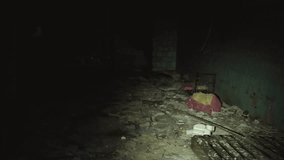 A dilapidated room. The light of a torch reveals the broken and chipped tiles on the walls. Debris scattered on the floor. An abandoned factory or factory - Powered by Shutterstock - Get 15% off with code: PIKWIZARD15