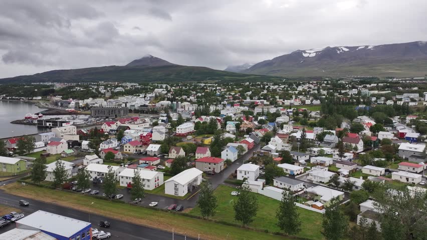 Aerial View of Akureyri, Iceland, Cityscape, Town Buildings and Streets