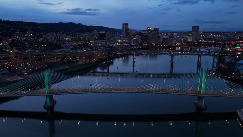 alt evening flying over Tilikum Crossing Bridge towards Portland OR skyline