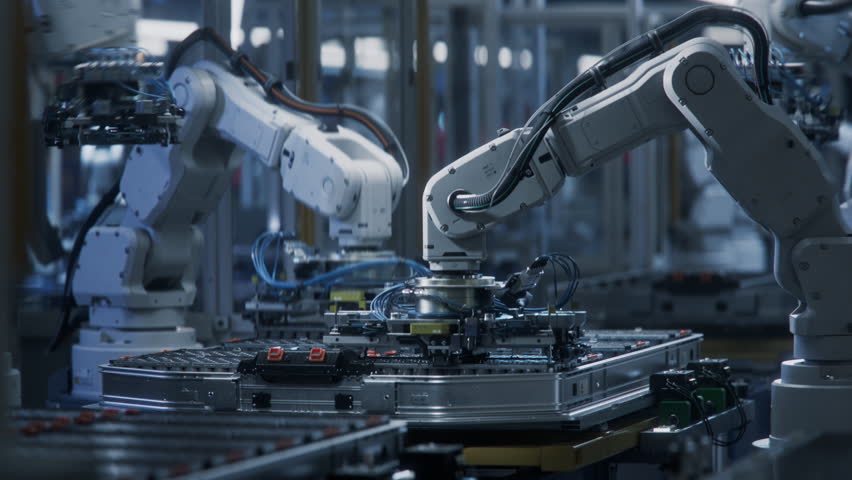 Lithium-Ion EV Battery Pack for Automotive Industry Assembly Process. Time-lapse of Automated Manufacturing Line with White Robotic Arms. Electric Car Smart Factory. Production Line with Robot Arms
