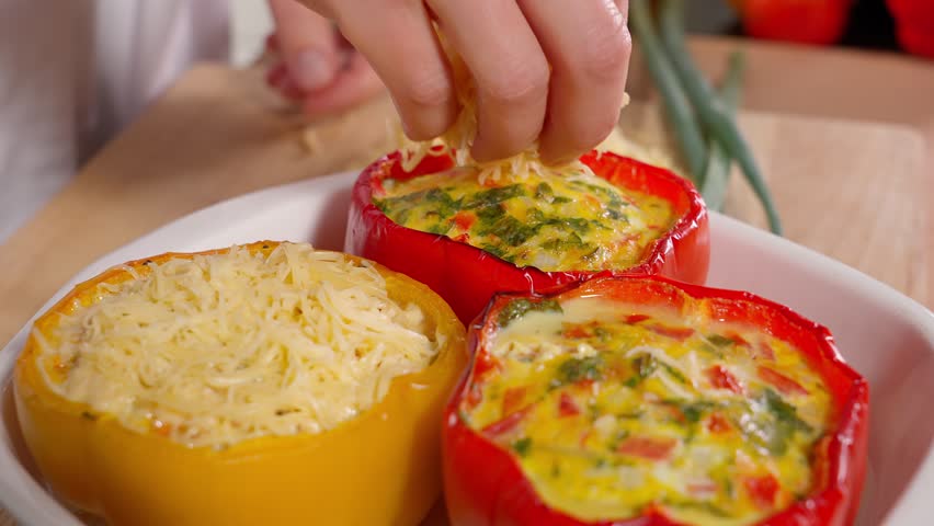 The chef sprinkles stuffed yellow and red peppers, paprika, and stuffed yellow peppers with grated cheese. Vegetables, vegetarian food, rich in vitamins, healthy eating concept. Macro
