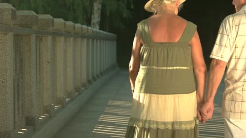 Elderly people walking outdoors, back view. Couple of seniors holding hands and walking on bridge. Make a plans for retirement.