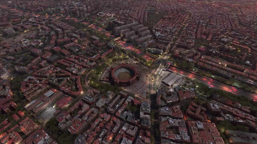 3D - Top aerial drone view at dusk of Las Ventas Bullring in Madrid. Spain