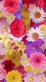 Vertical video - colorful floral motion background animation with summer flowers - rose, daisy, daffodil, chrysanthemum, gerbera - in the style of an oil painting.