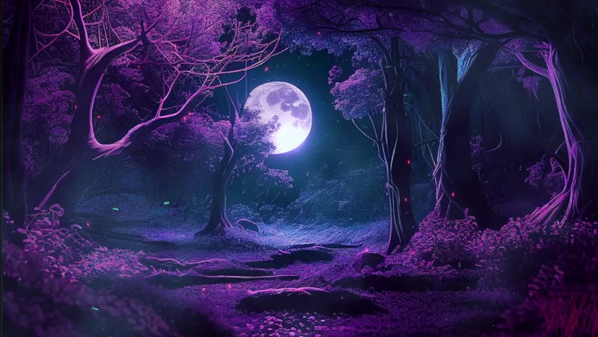 Animation of mythical fantasy forest at night, digitally generated dark environment with moonlight, trees, insects and trees
Related tags: