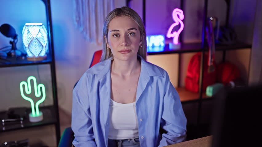 A young blonde woman in casual attire poses with crossed arms in a colorful, neon-lit gaming room.