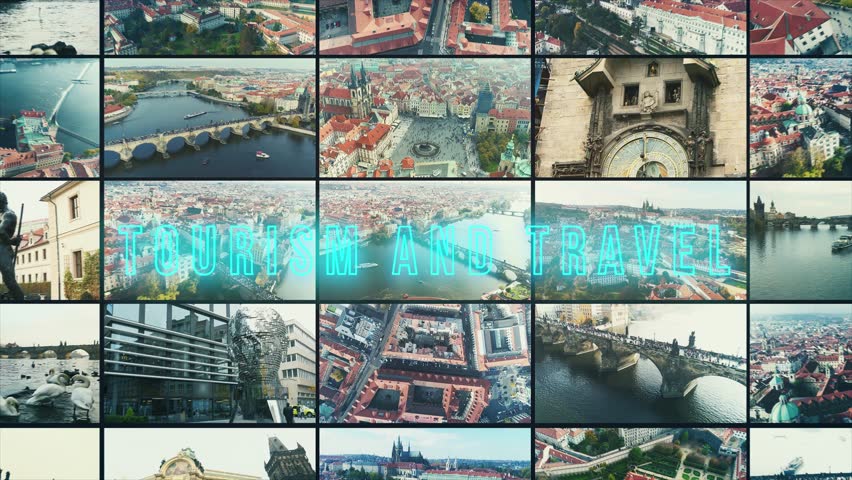 Travel and tourism. Travel multiscreen. Czech Republic multiscream. Prague aerial view collage