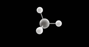 Methane molecule, rotating 3D model of simplest alkane, looped video on a black background