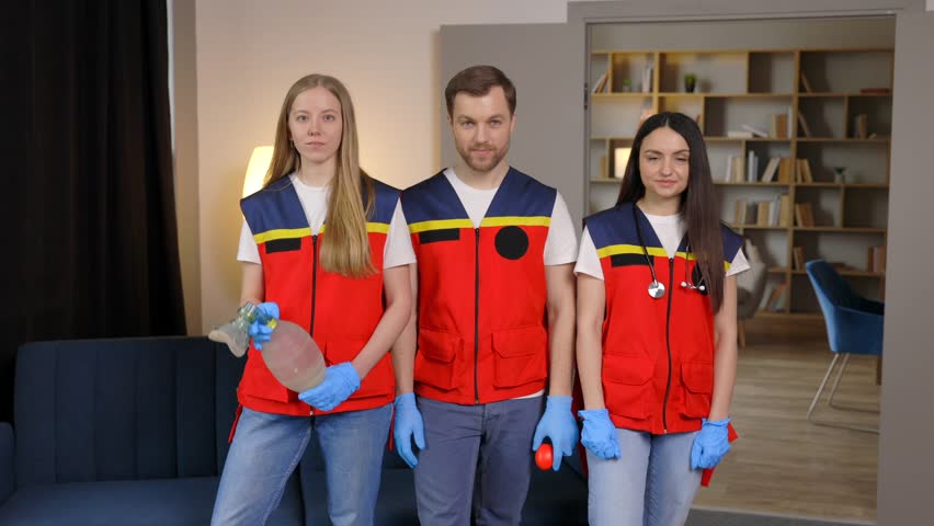 A group of young medical people in uniform stand in the middle of the classroom and smile after a first aid lesson. A man holds a red heart in his hands. Concept of assistance