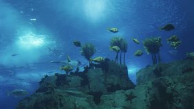 Video showcasing numerous ocean fishes and a stingray swimming in a blue-water aquarium oceanarium.