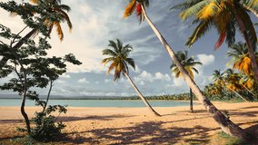 Caribbean beach with coconut palms on golden sand. Idyllic seascapes of the Dominican Republic. A picturesque peninsula with a tropical beach and colorful coconut palms. The video is tinted.