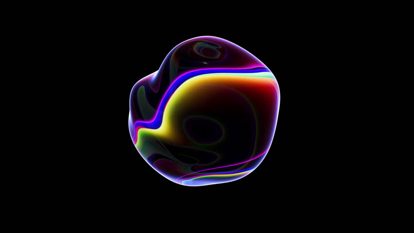 Distortion drop of liquid with holographic surface. 3D animation of an abstract neon rainbow wavy sphere. Seamless loop. Dynamic fashionable smooth moving abstract round shape