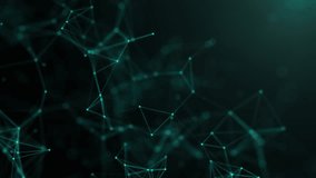Abstract network connections, neural networks. Dots connected by lines move chaotically on a turquoise background. Chemical formula, futuristic mesh, sea green color. Neon green cyber web. - Powered by Shutterstock - Get 15% off with code: PIKWIZARD15