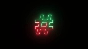 Neon glowing hashtag animation on black background. hashtag symbol animation. Retro, colorful video footage, 4K.