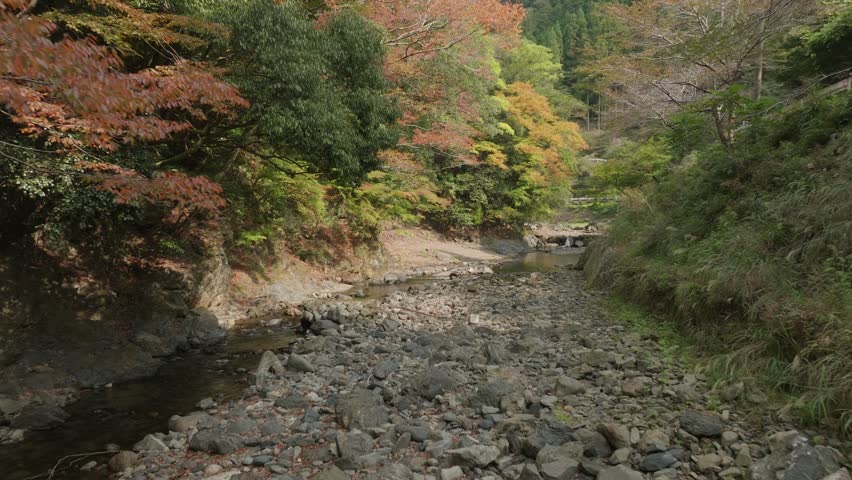 Closeup at Kyoto Japanese zen stone river valley, calm landscape aerial drone flying low above water in mountain temple vibes, asian peaceful picturesque view