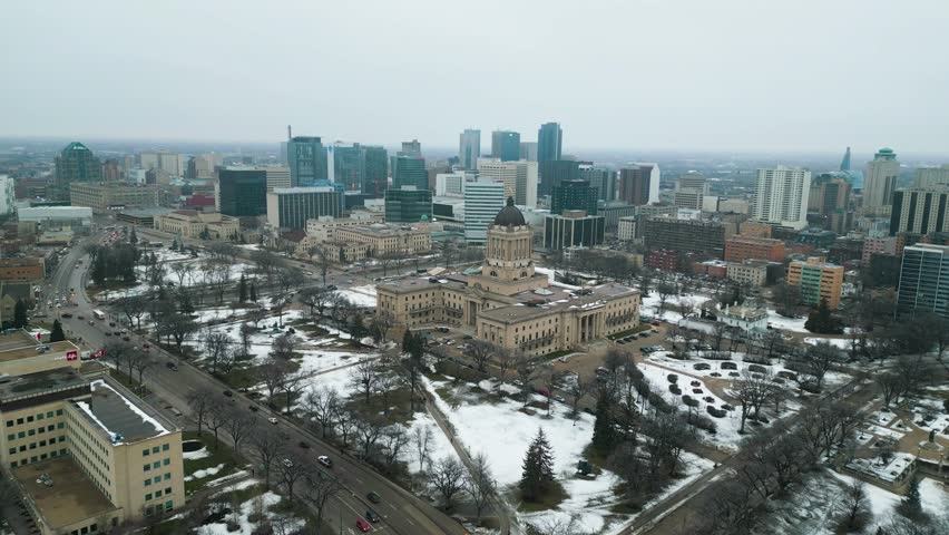 Wide Aerial Downtown Legislative Historic Building Winnipeg Manitoba Canada During a Foggy Afternoon