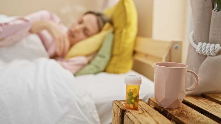 A young woman lying in bed reaches for a bottle of vitamins on a bedside table next to a pink mug in a cozy bedroom setting. Royalty-Free Stock Footage #3468462959