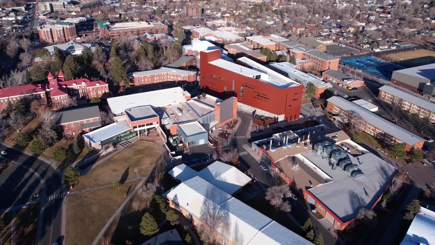 Aerial View of NAU Northern Arizona University Campus Buildings, Flagstaff, Arizona USA