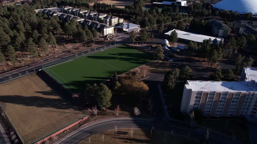 Flagstaff AZ USA, Aerial View of NAU Sport Fields and Dormitory Buildings, Drone Shot