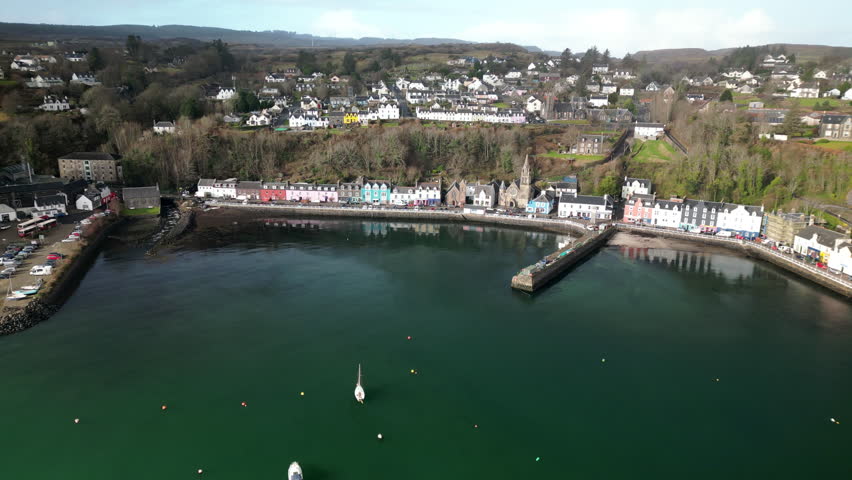 Dolly Arc Aerial of Beautiful Bay in Small Town of Tobermory Royalty-Free Stock Footage #3468488355